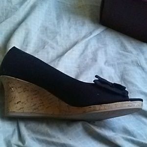 Black and tan wedges with bow tie.